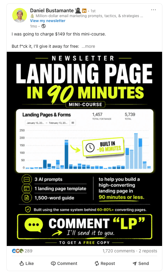 LinkedIn post by Daniel Bustamante with 1,720 comments